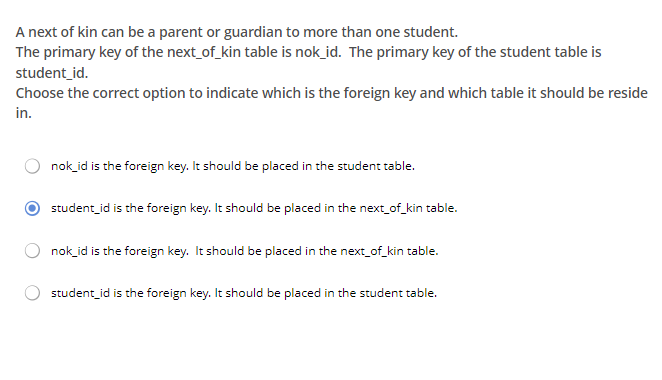 A next of kin can be a parent or guardian to more than one student. The primary key of the next_of_kin table