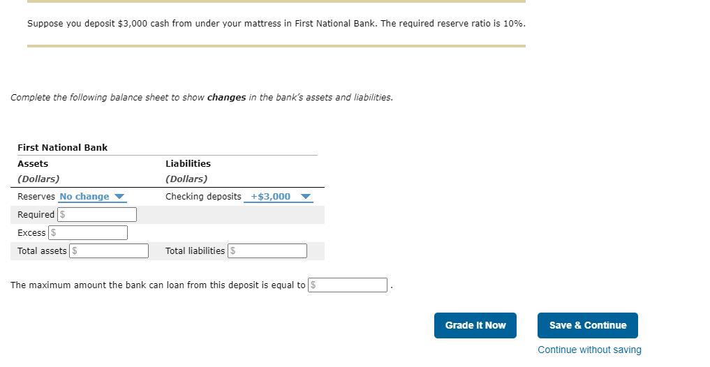 Suppose you deposit $3,000 cash from under your mattress in First National Bank. The required reserve ratio