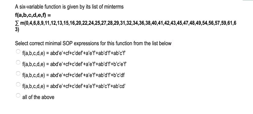 A six-variable function is given by its list of minterms f(a,b,c,d,e,f) =