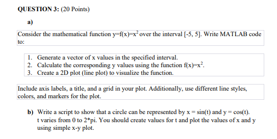 QUESTION 3: (20 Points) a) Consider the mathematical function y=f(x)=x over the interval [-5, 5]. Write