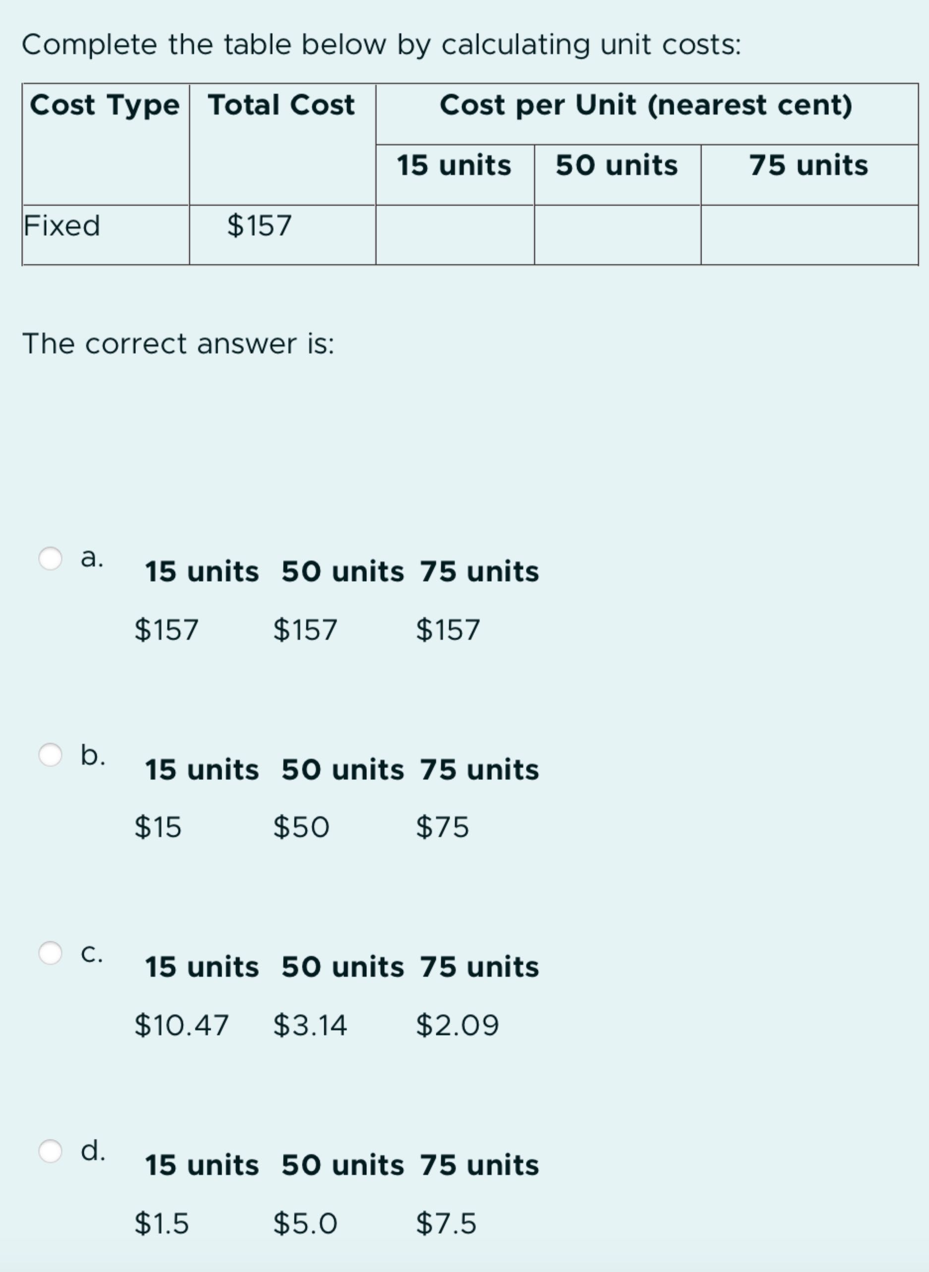 Complete the table below by calculating unit costs: Cost Type Total Cost Fixed The correct answer is: b. $157