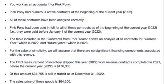 You work as an accountant for Pink Pony.  Pink Pony had numerous active contracts at the beginning of the