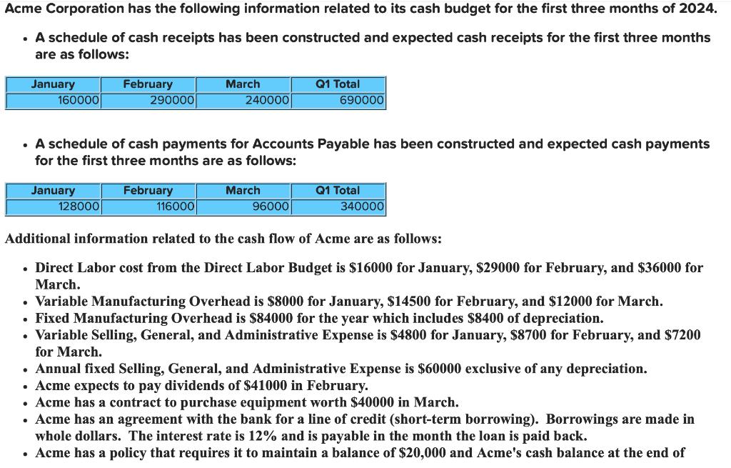Acme Corporation has the following information related to its cash budget for the first three months of 2024.