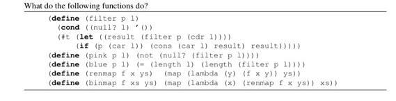 What do the following functions do? (define (filter p 1). (cond ((null? 1) ()) (#t (let ((result (filter p