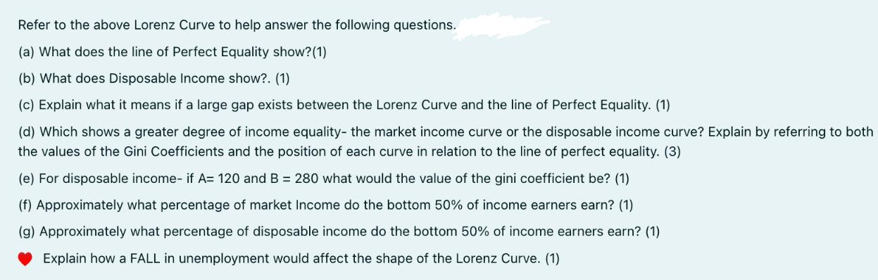 Refer to the above Lorenz Curve to help answer the following questions. (a) What does the line of Perfect