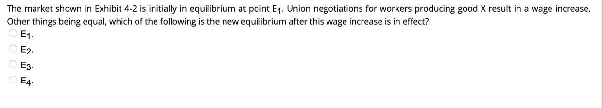 The market shown in Exhibit 4-2 is initially in equilibrium at point E. Union negotiations for workers