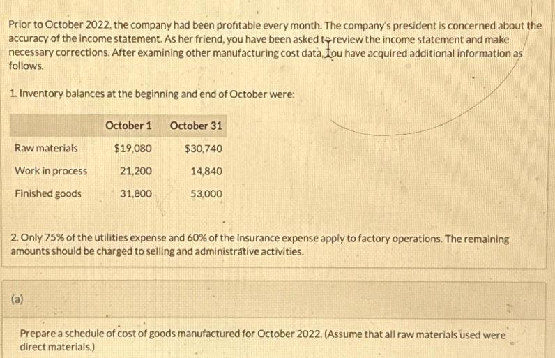 Prior to October 2022, the company had been profitable every month. The company's president is concerned