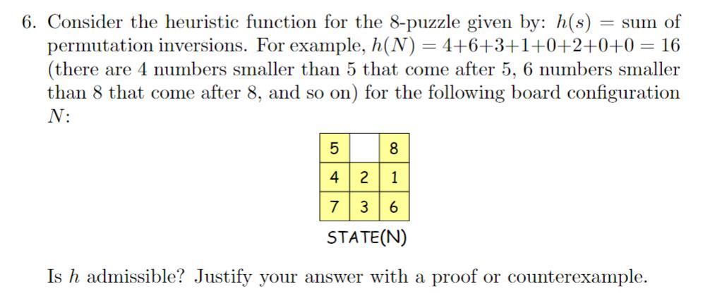 6. Consider the heuristic function for the 8-puzzle given by: h(s) = sum of permutation inversions. For