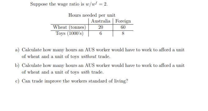 Suppose the wage ratio is w/w = 2. Hours needed per unit Wheat (tonnes) Toys (1000's) Australia Foreign 20 6