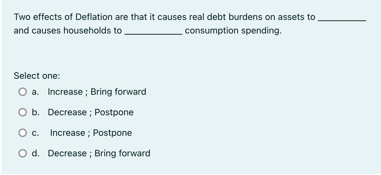 Two effects of Deflation are that it causes real debt burdens on assets to and causes households to