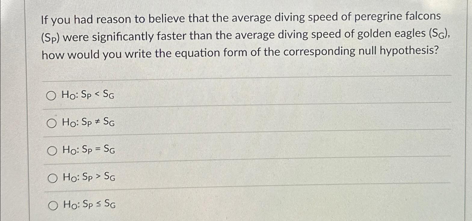 If you had reason to believe that the average diving speed of peregrine falcons (Sp) were significantly