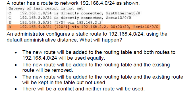 A router has a route to network 192.168.4.0/24 as shown. Gateway of last resort is not set C 192.168.1.0/24