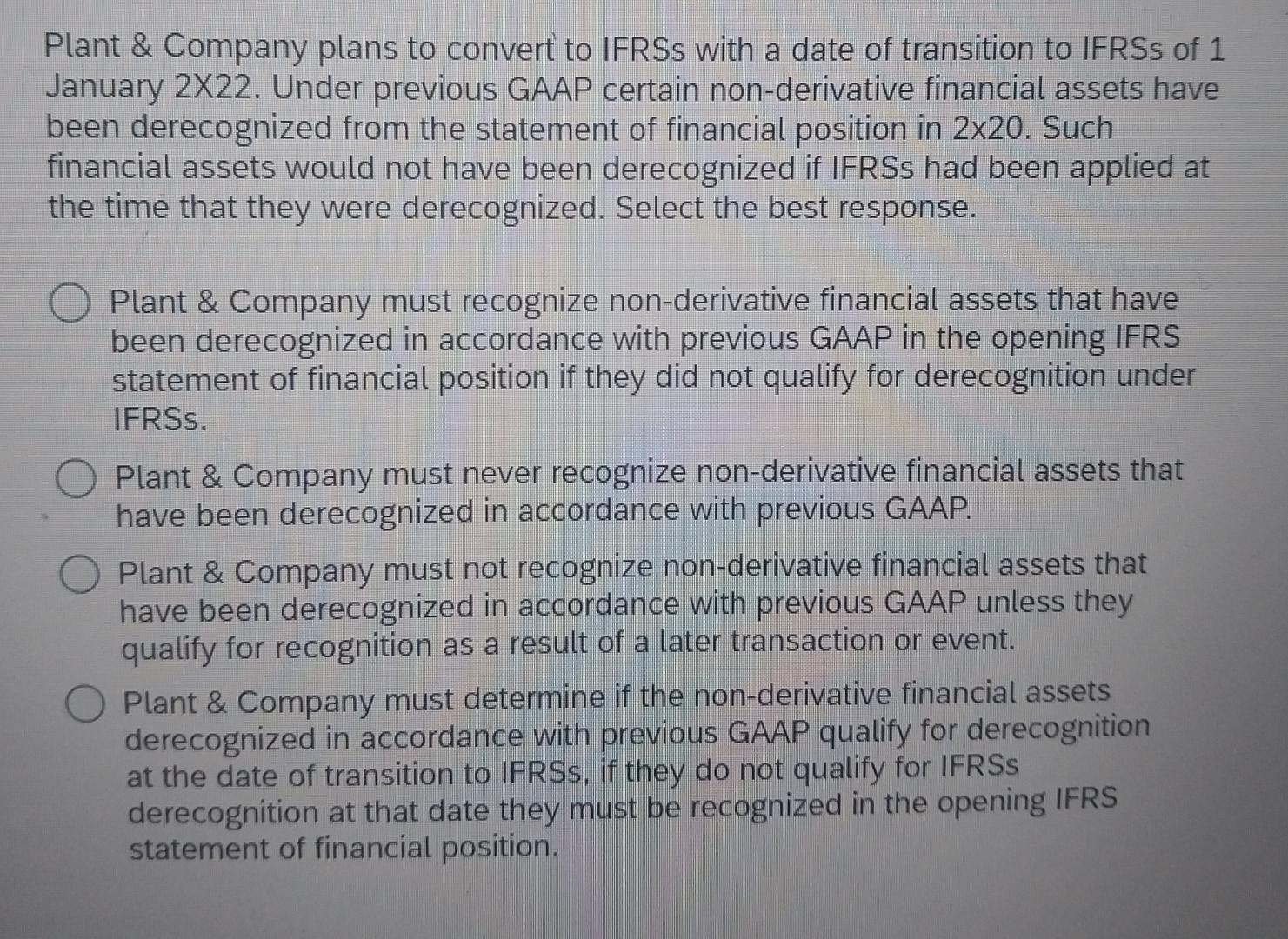 Plant & Company plans to convert to IFRSs with a date of transition to IFRSs of 1 January 2X22. Under