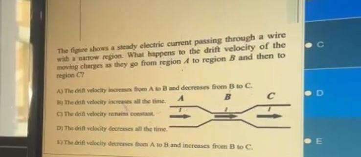 The figure shows a steady electric current passing through a wire with a narrow region. What happens to the