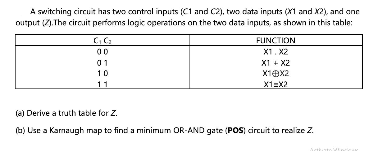 A switching circuit has two control inputs (C1 and C2), two data inputs (X1 and X2), and one output (Z).The