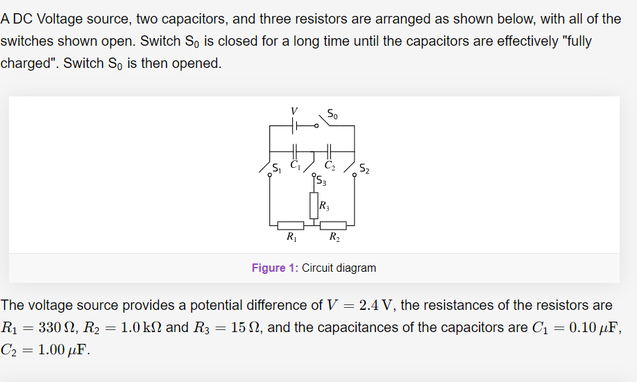 A DC Voltage source, two capacitors, and three resistors are arranged as shown below, with all of the