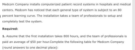 Medcom Company installs computerized patient record systems in hospitals and medical centers. Medcom has