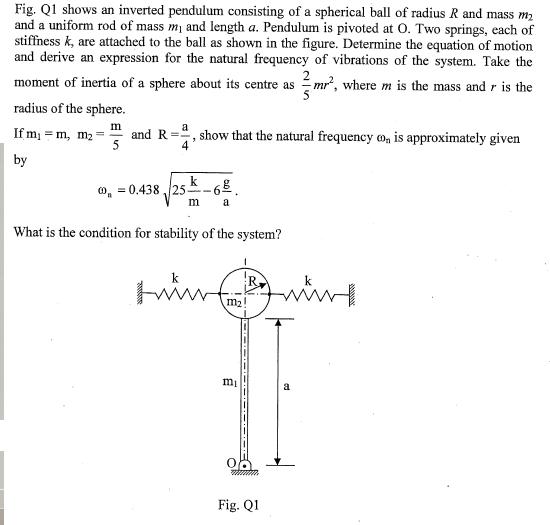 Fig. Q1 shows an inverted pendulum consisting of a spherical ball of radius R and mass m and a uniform rod of