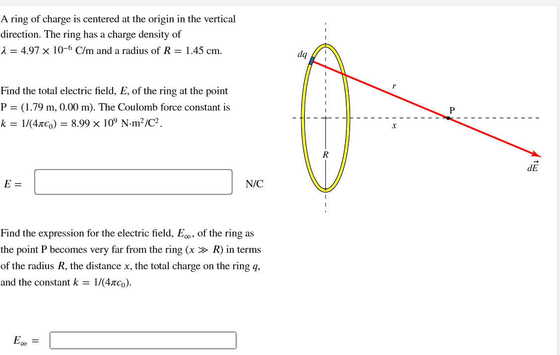 A ring of charge is centered at the origin in the vertical direction. The ring has a charge density of  =