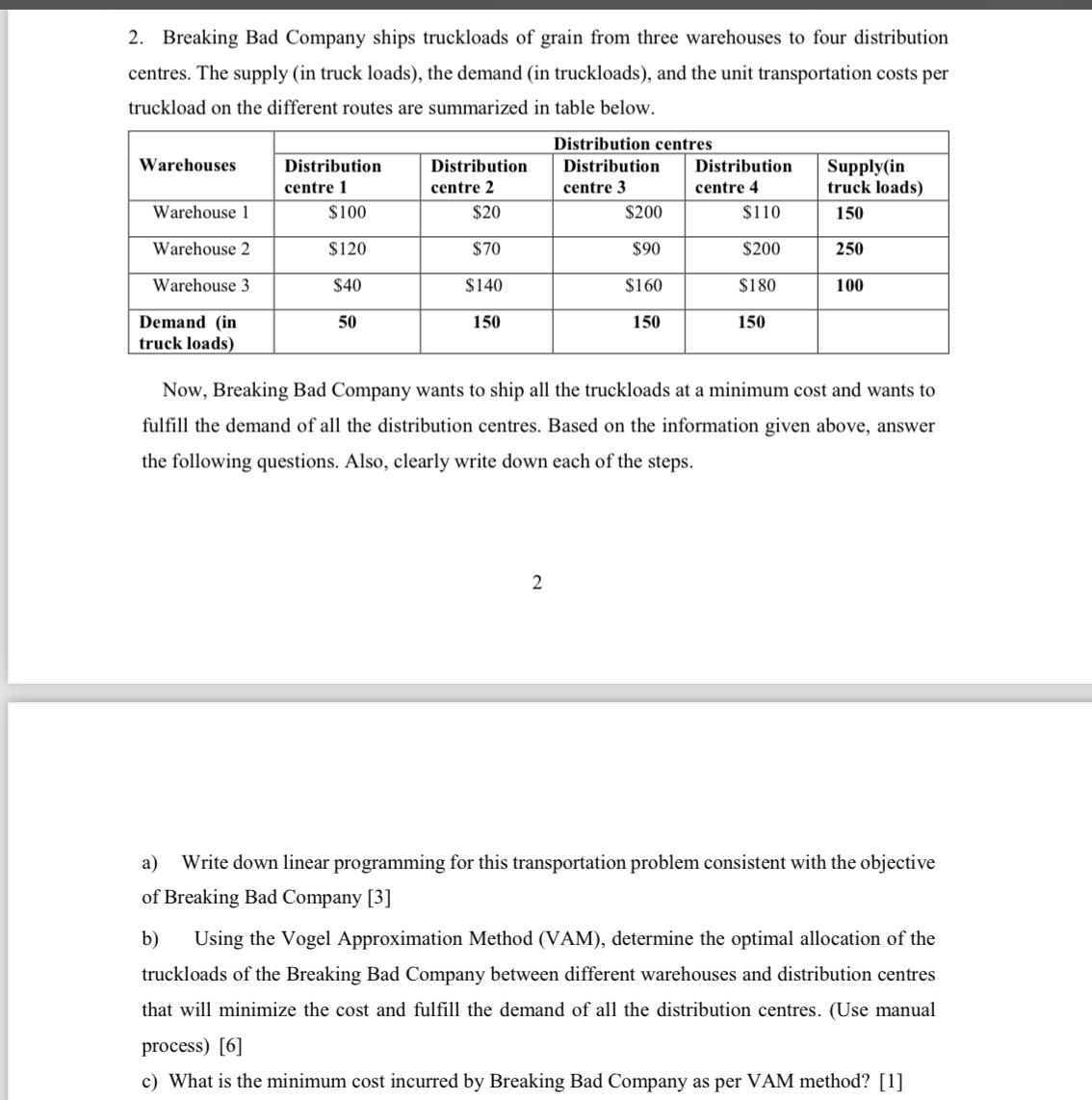 2. Breaking Bad Company ships truckloads of grain from three warehouses to four distribution centres. The