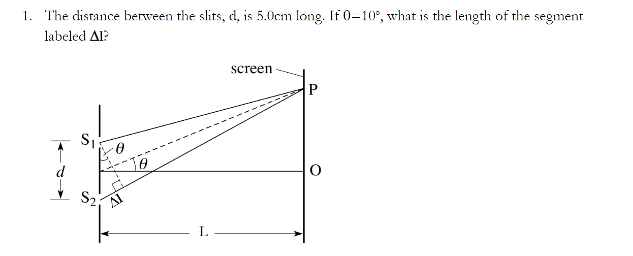 1. The distance between the slits, d, is 5.0cm long. If 0=10, what is the length of the segment labeled Al? S