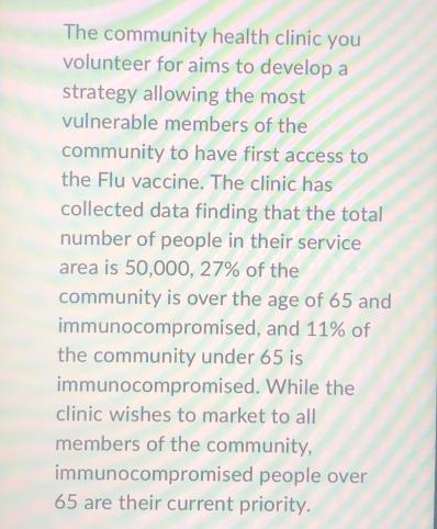 The community health clinic you volunteer for aims to develop a strategy allowing the most vulnerable members