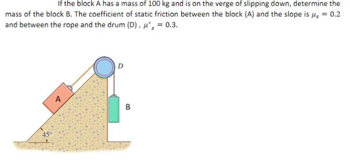 If the block A has a mass of 100 kg and is on the verge of slipping down, determine the mass of the block B.