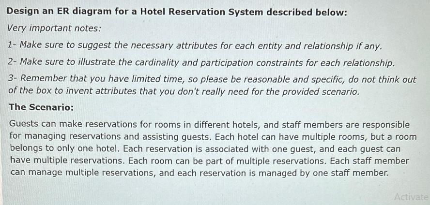 Design an ER diagram for a Hotel Reservation System described below: Very important notes: 1- Make sure to