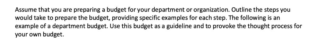 Assume that you are preparing a budget for your department or organization. Outline the steps you would take
