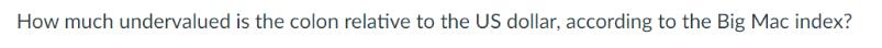 How much undervalued is the colon relative to the US dollar, according to the Big Mac index?
