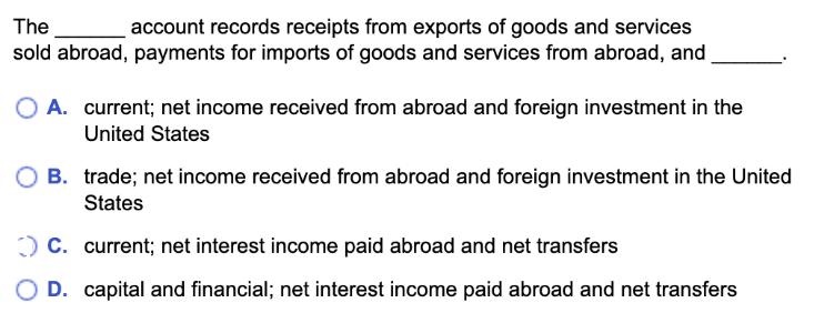 The account records receipts from exports of goods and services sold abroad, payments for imports of goods