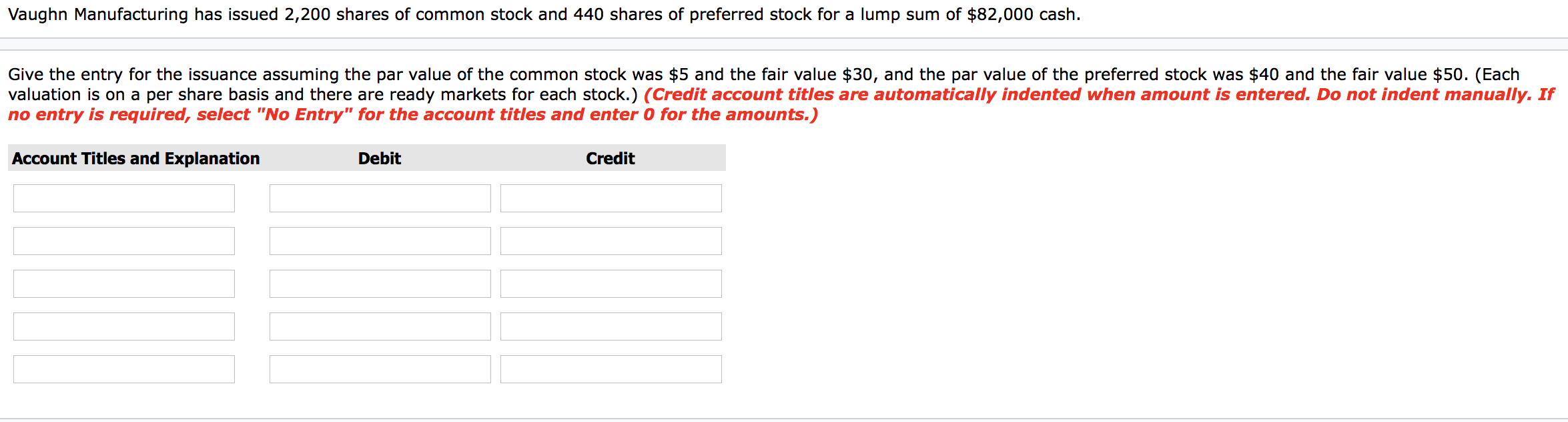 Vaughn Manufacturing has issued 2,200 shares of common stock and 440 shares of preferred stock for a lump sum