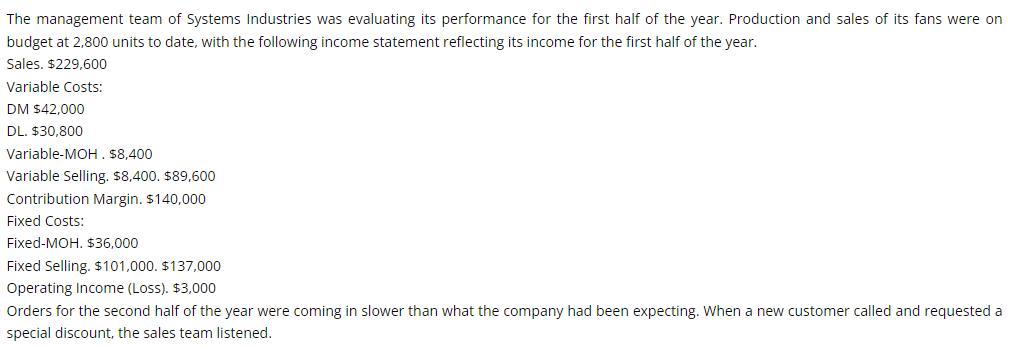 The management team of Systems Industries was evaluating its performance for the first half of the year.