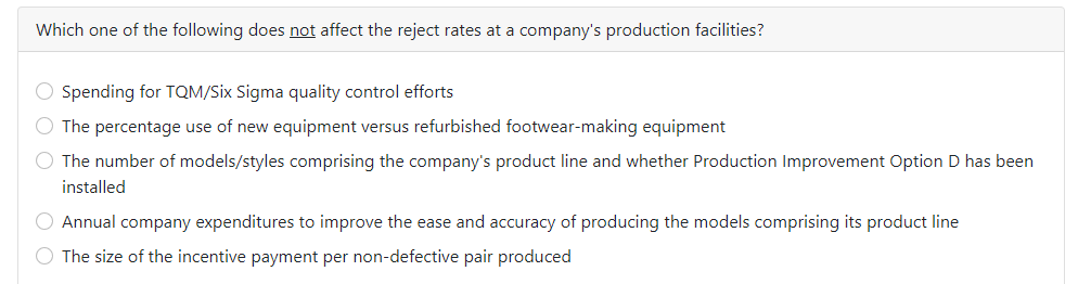 Which one of the following does not affect the reject rates at a company's production facilities? O Spending