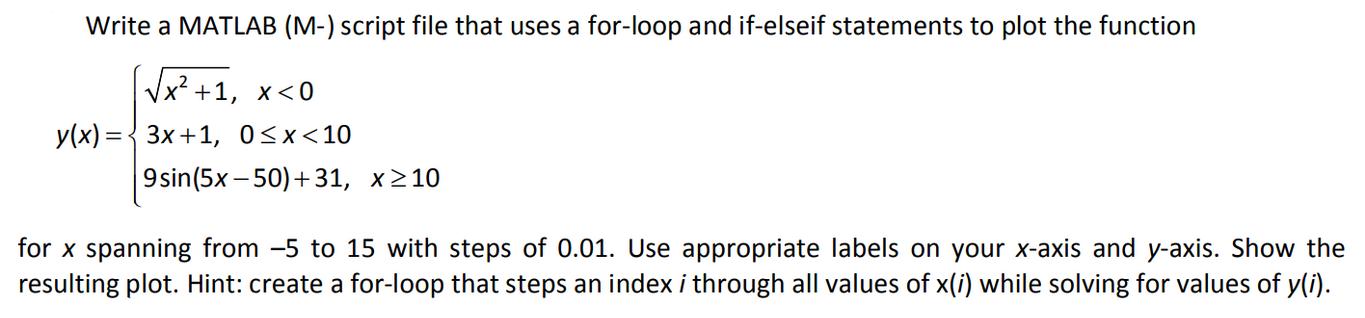 Write a MATLAB (M-) script file that uses a for-loop and if-elseif statements to plot the function x+1, x <0