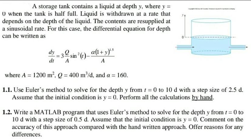 A storage tank contains a liquid at depth y, where y = 0 when the tank is half full. Liquid is withdrawn at a