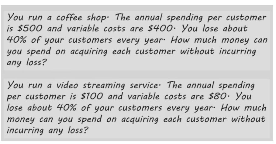 You run a coffee shop. The annual spending per customer is $500 and variable costs are $400. You lose about