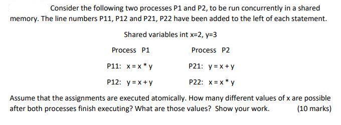 Consider the following two processes P1 and P2, to be run concurrently in a shared memory. The line numbers
