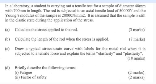 In a laboratory, a student is carrying out a tensile test for a sample of diameter 40mm with 700mm in length.