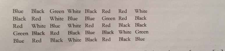Blue Black Green White Black Black Red White Blue Blue Red White Blue White Red Green Black Red Black Blue