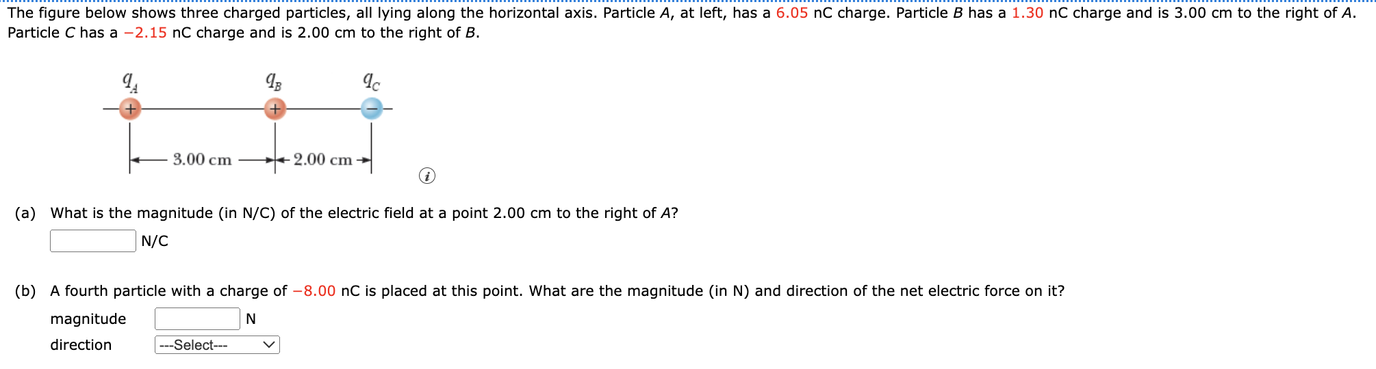 The figure below shows three charged particles, all lying along the horizontal axis. Particle A, at left, has