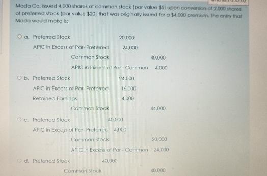 Mada Co. issued 4,000 shares of common stock (par value $5) upon conversion of 2.000 shares of preferred