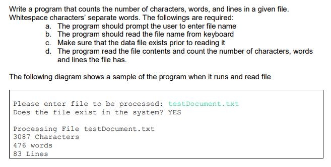 Write a program that counts the number of characters, words, and lines in a given file. Whitespace