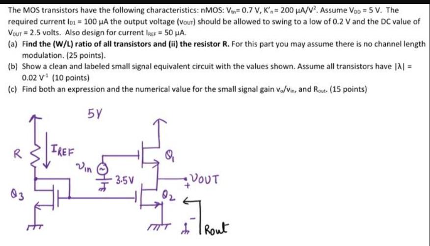 The MOS transistors have the following characteristics: nMOS: Vin=0.7 V, K'n 200 A/V. Assume VoD = 5 V. The