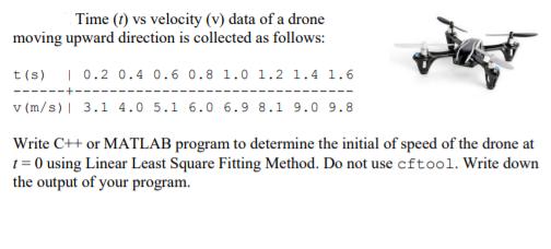 Time (1) vs velocity (v) data of a drone moving upward direction is collected as follows: t(s) 1 0.2 0.4 0.6