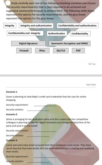 Study carefully each one of the following attacking scenarios and choose the security requirement(s) that is