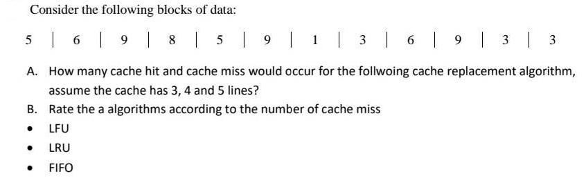 Consider the following blocks of data: 5 | 6 | 9 | 8 | 5 | 9 | 1 | 3 | 6 | 9 | 3 | 3 A. How many cache hit