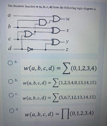 The Boolean function w (a, b, c, d) from the following logic diagram is DD a b C d- O a. O b. O c O d. -w D-x