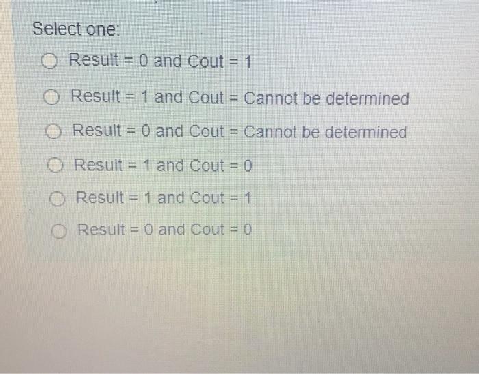 Select one: Result = 0 and Cout = 1 Result = 1 and Cout= Cannot be determined Result = 0 and Cout= Cannot be