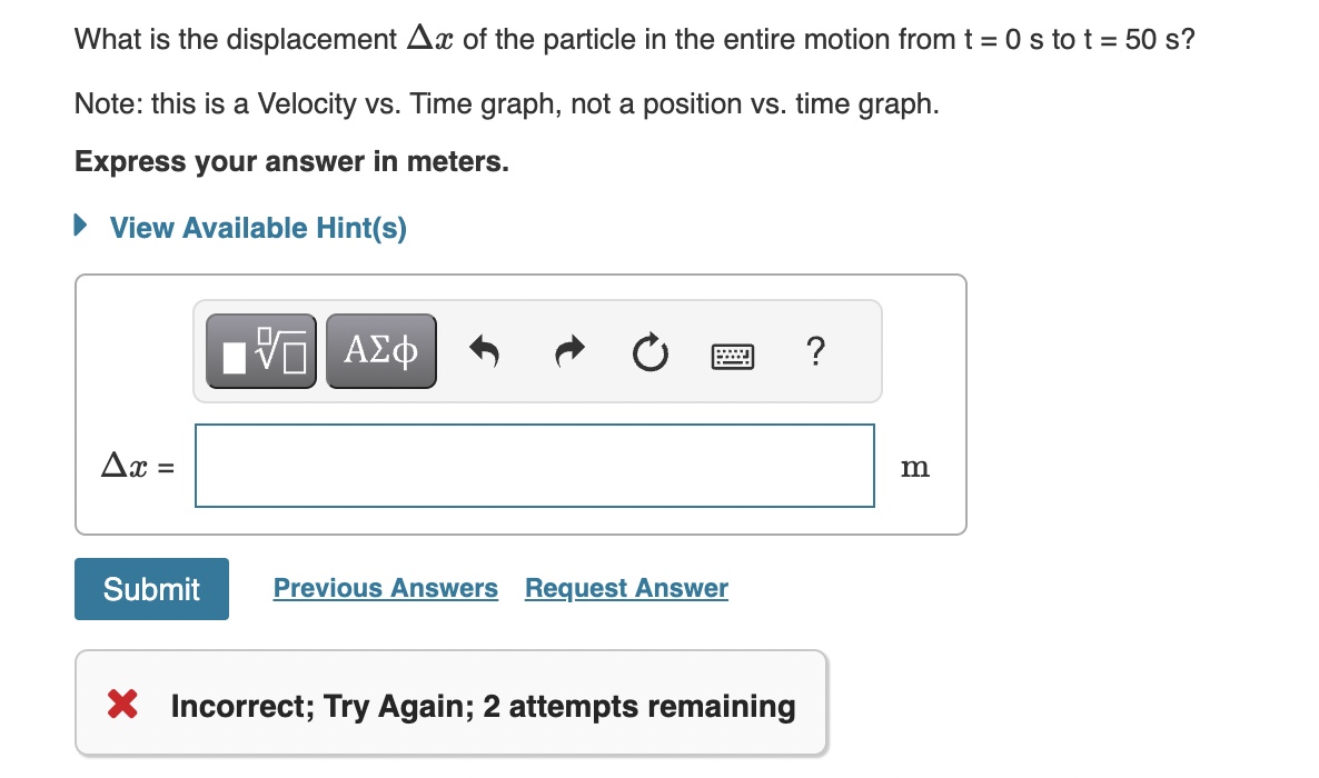 What is the displacement Ax of the particle in the entire motion from t = 0 s to t = 50 s? Note: this is a